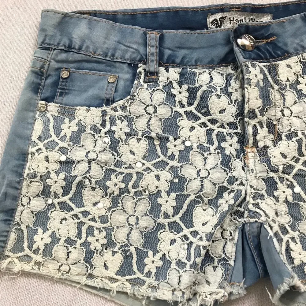 Bling Short Shorts Chambray Embellished Lace Distressed  Denim - Picture 2 of 9